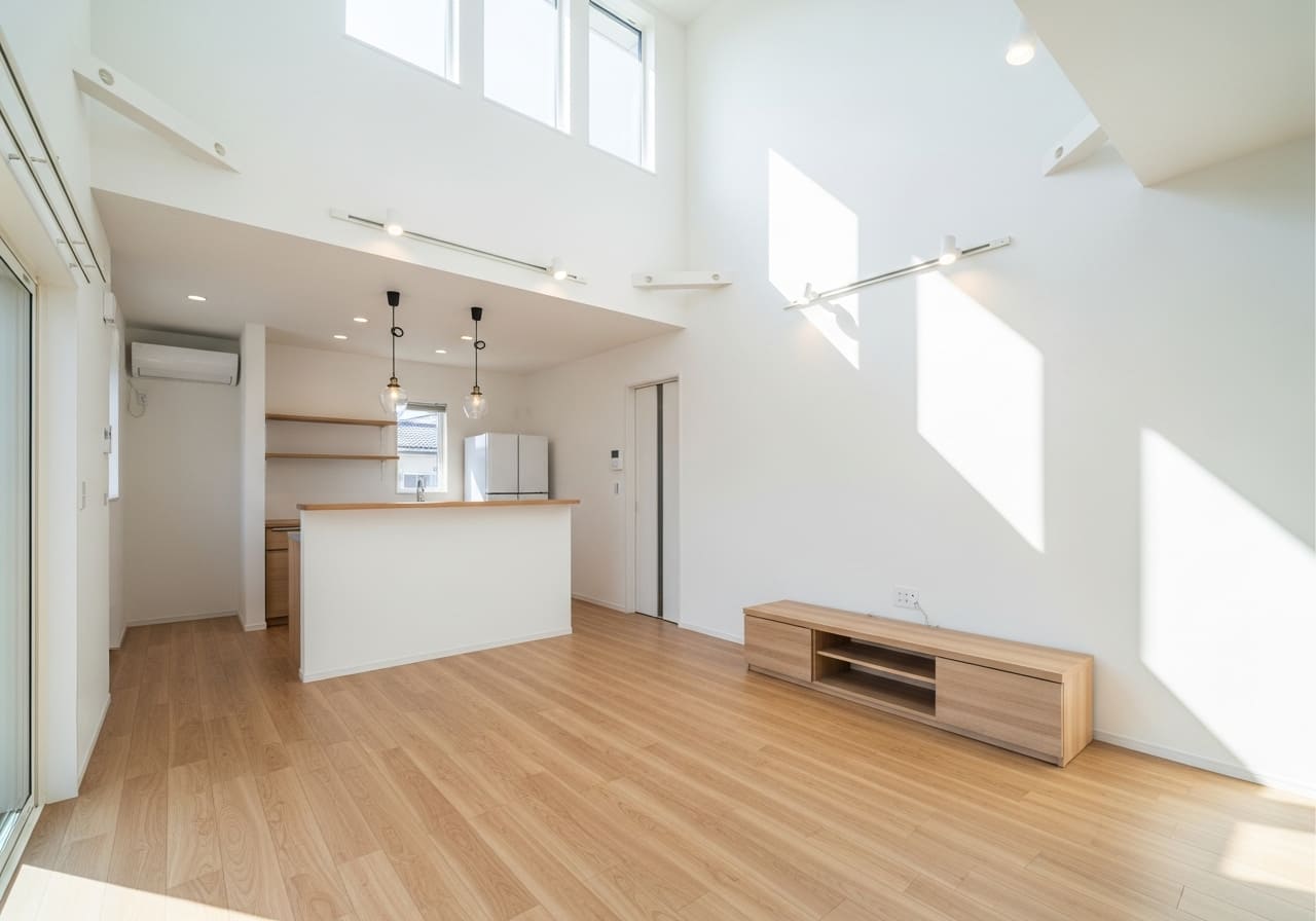 吹き抜けと天窓にあるリビング