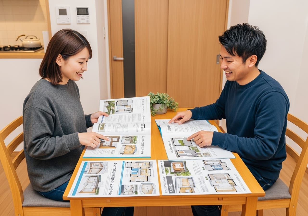 ダイニングで住宅資料を見る夫婦