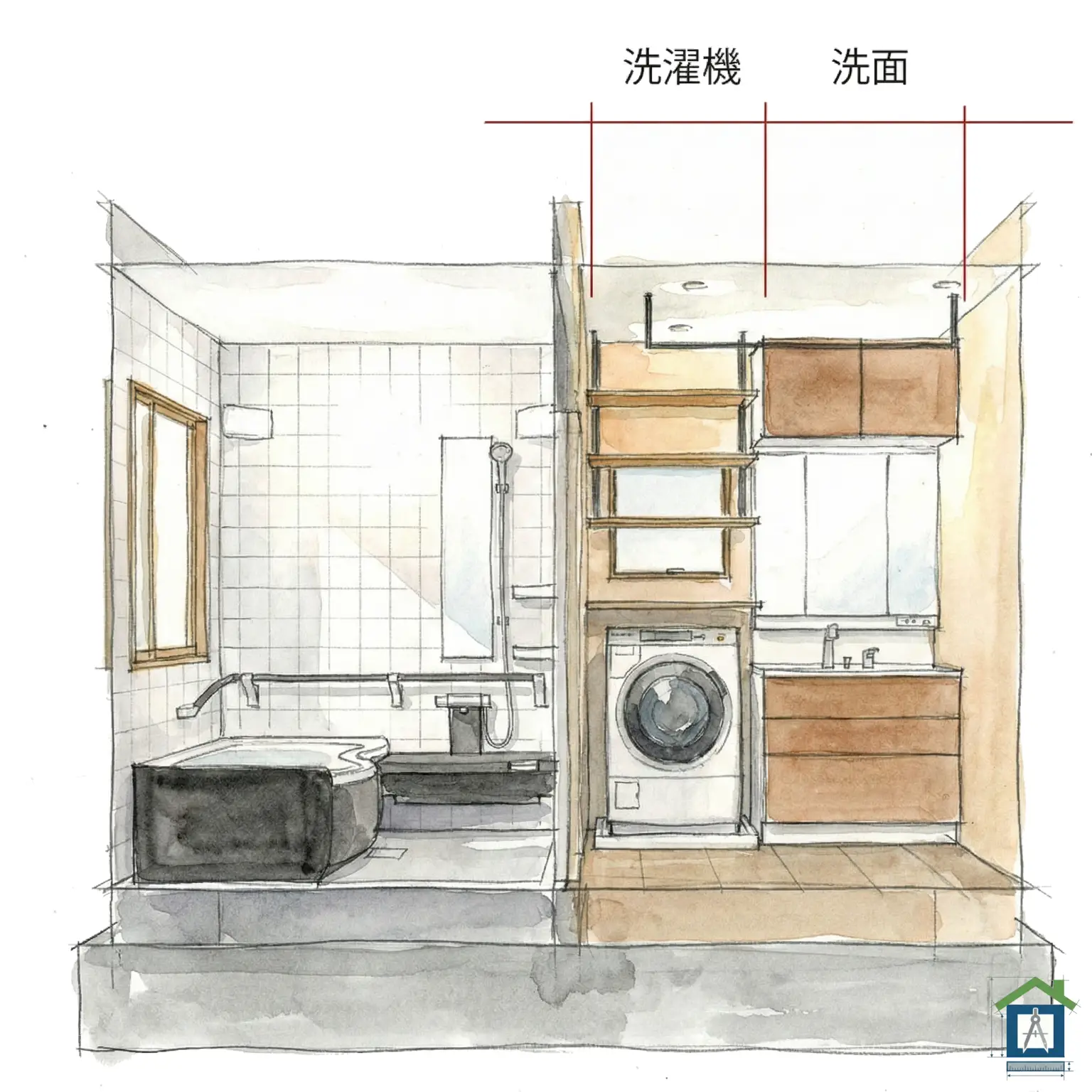 2畳洗面所の内観パース