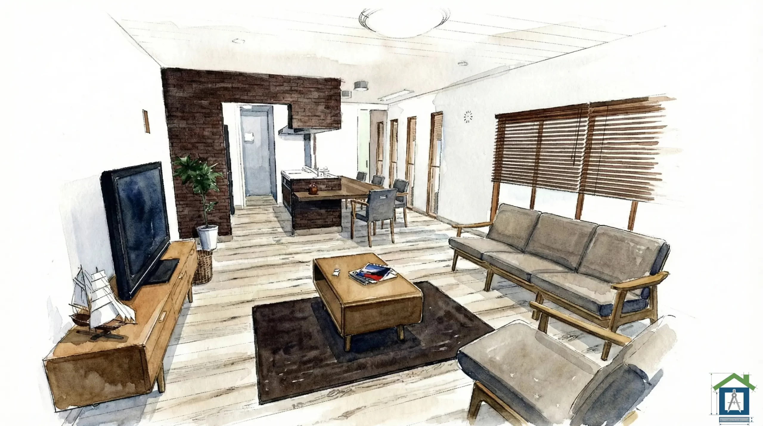 間口7mの細長いLDKの内観パース