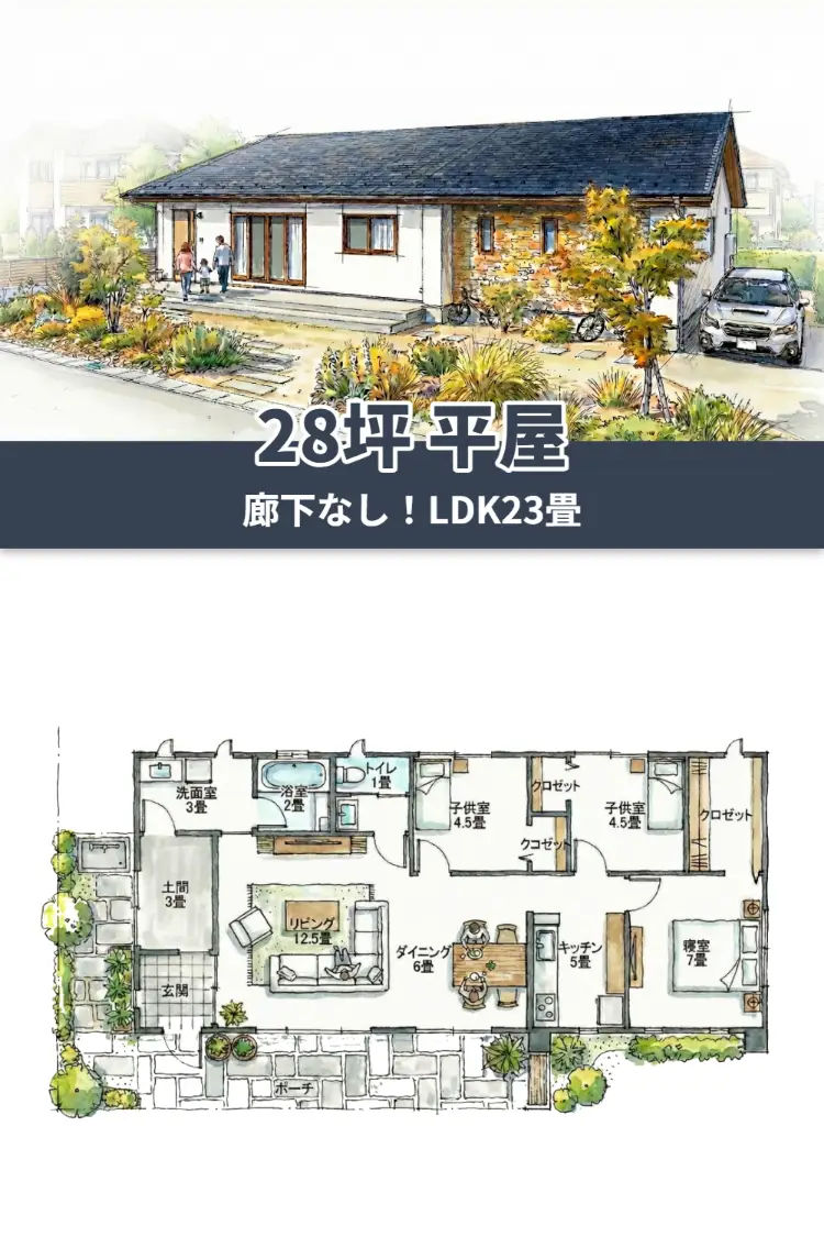 28坪平屋の間取り図｜廊下なし3LDKの家事動線がすごい家