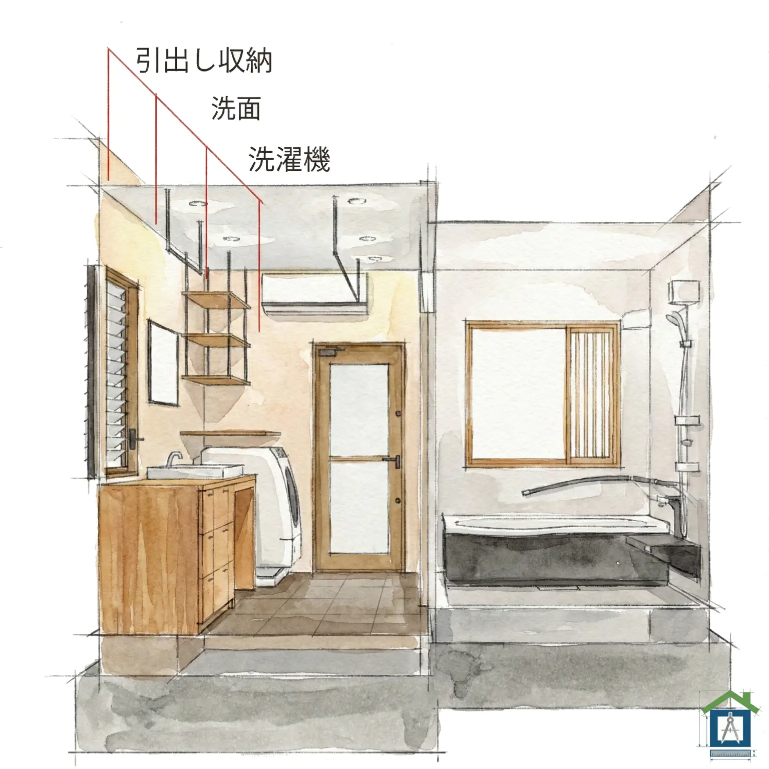 勝手口のある洗面所パース