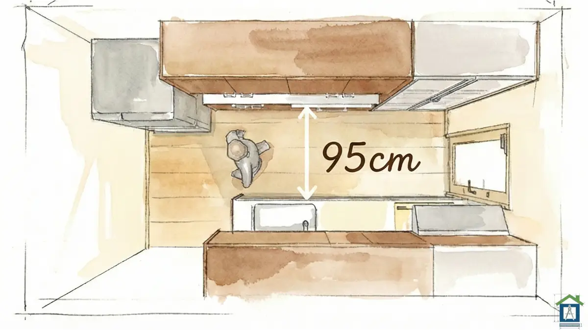 キッチン通路幅95cmの俯瞰図。作業スペースと背面収納のバランスが良い標準的な間取りパース