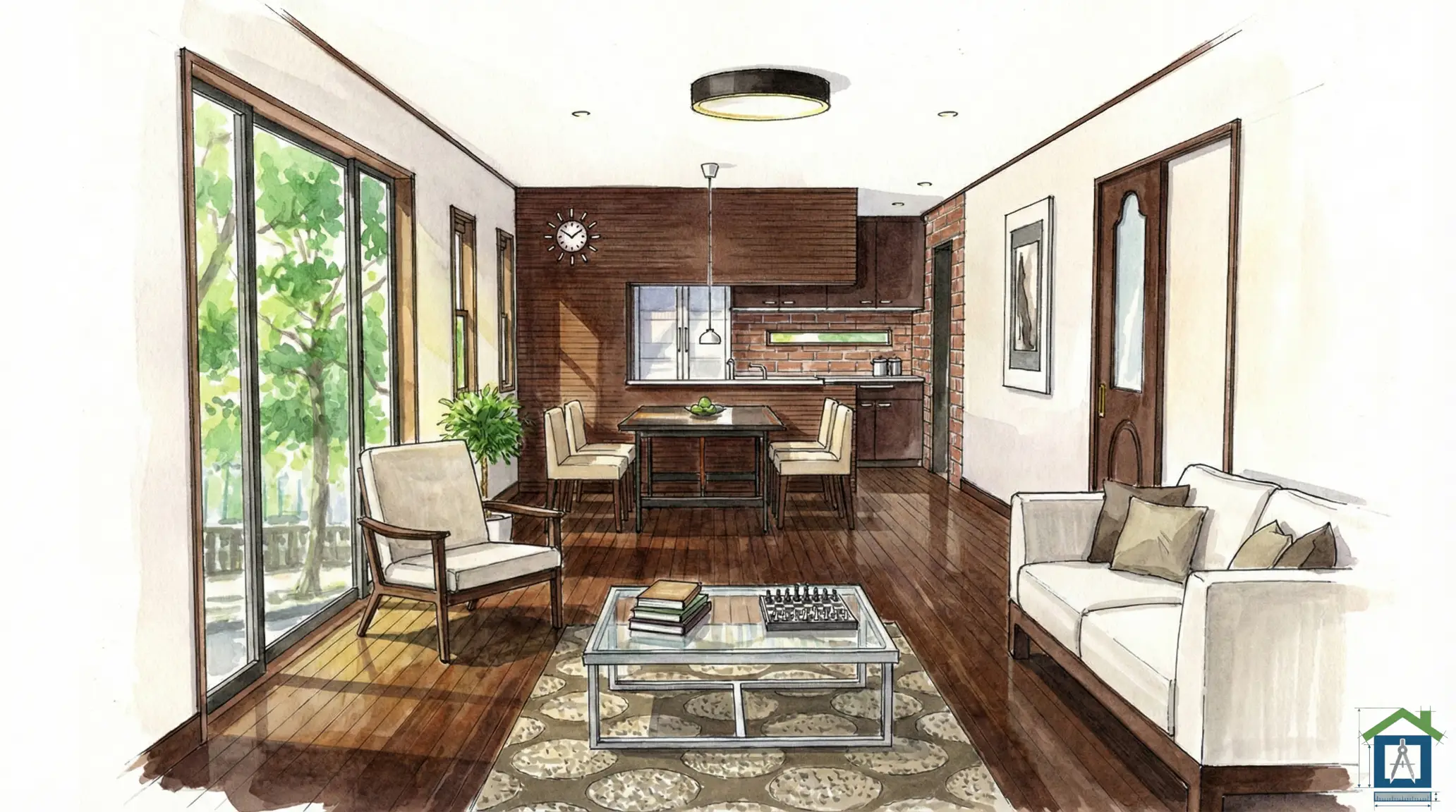 吊り戸棚あり対面キッチンの内観パース