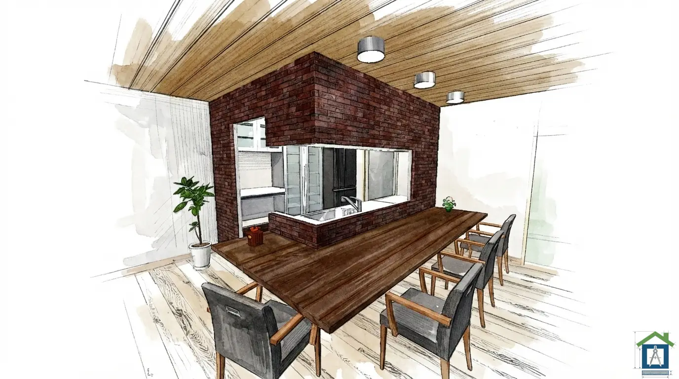 レンガ調の腰壁がおしゃれなダイニングキッチンのパース