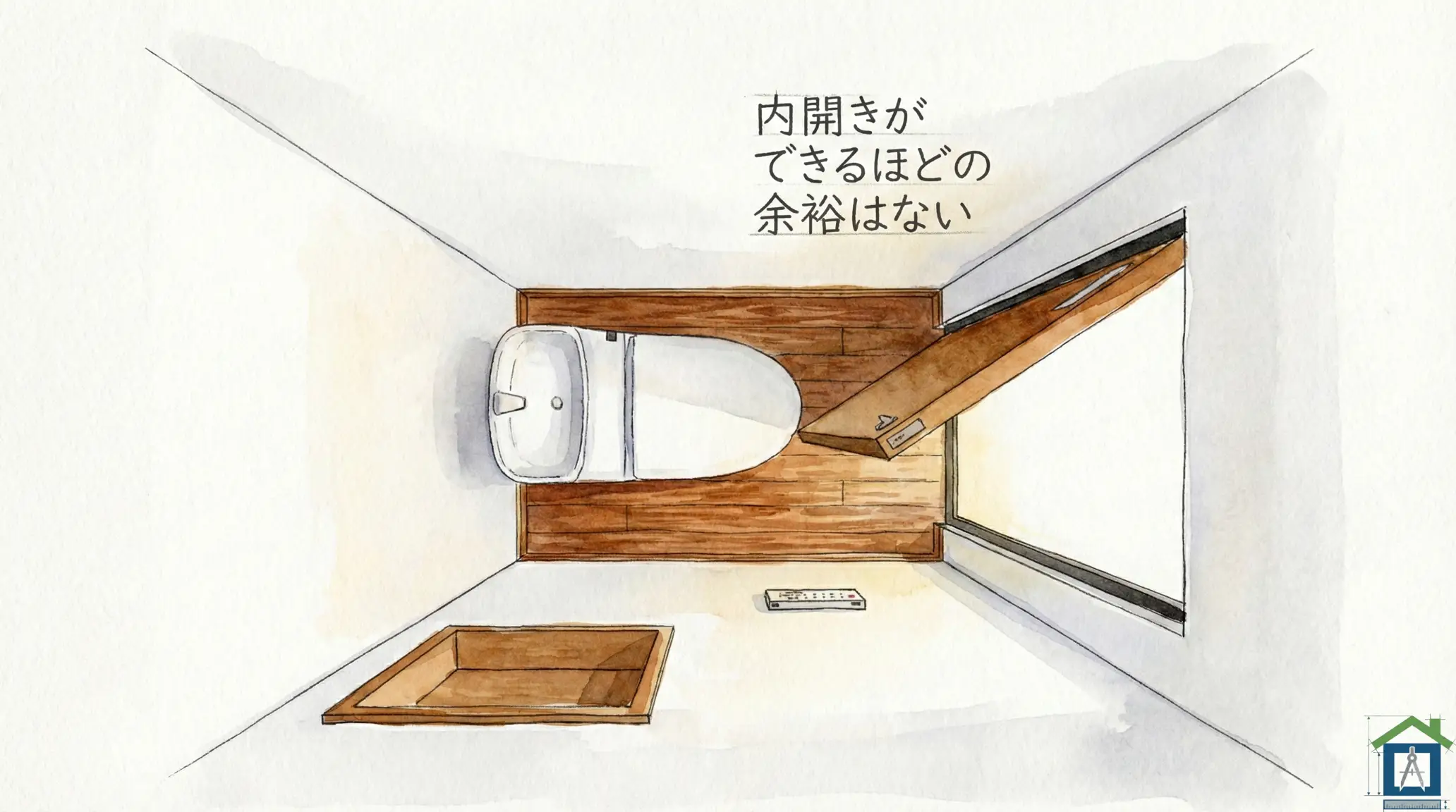 狭いトイレで内開きドアが邪魔になる図