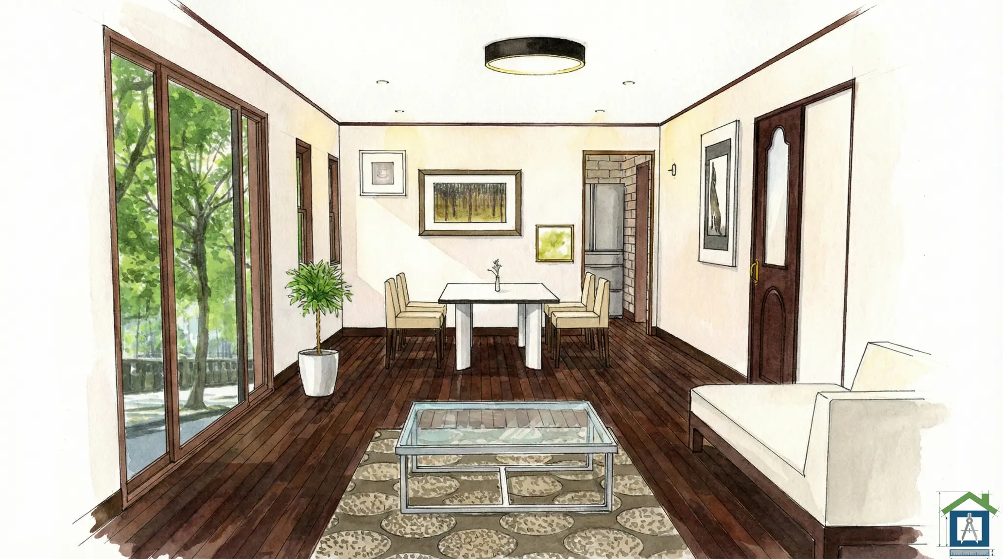 独立風壁付けキッチンの内観パース