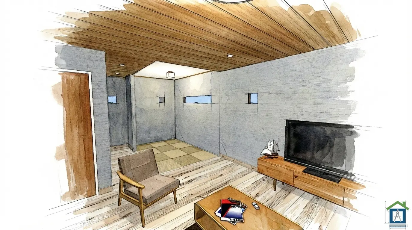 リビングの一角にある3畳の畳コーナーのパース