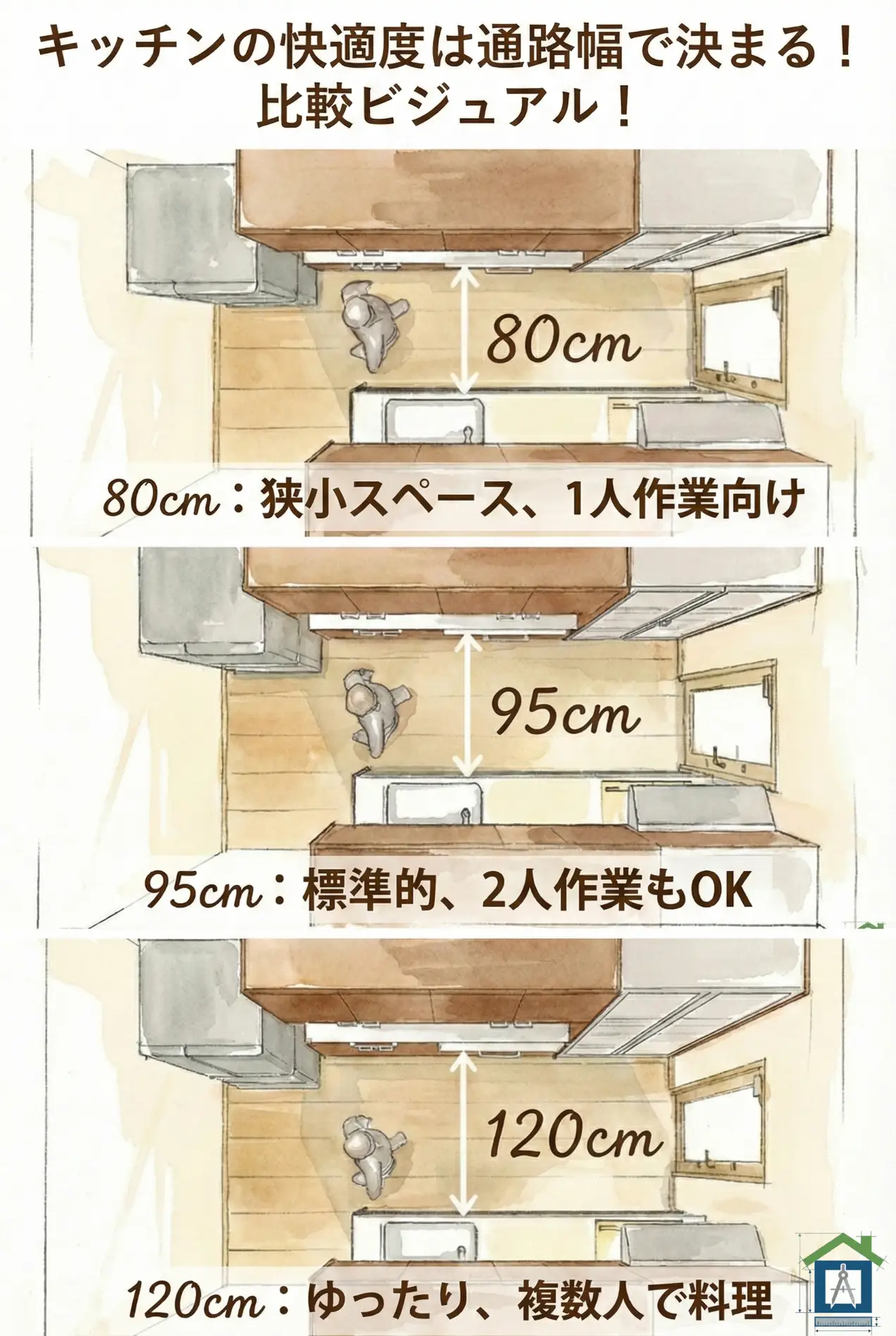キッチン通路幅80cm・95cm・120cmの比較まとめ図解。狭小スペース向けから複数人作業向けまで、それぞれの特徴と推奨サイズを解説