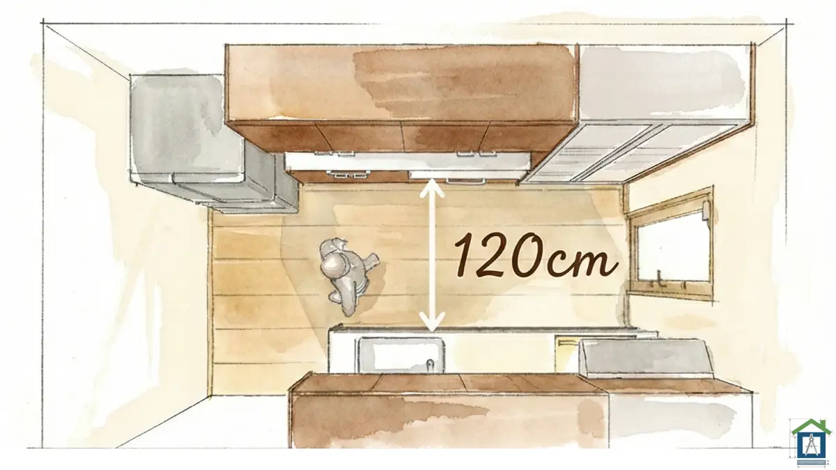キッチン通路幅120cmの俯瞰図。人と背面収納の間に十分な距離があるゆとり型の間取りパース
