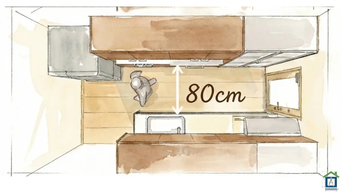 キッチン通路幅80cmの俯瞰図。人が立つと背面収納がすぐ後ろにあるコックピット型の間取りパース