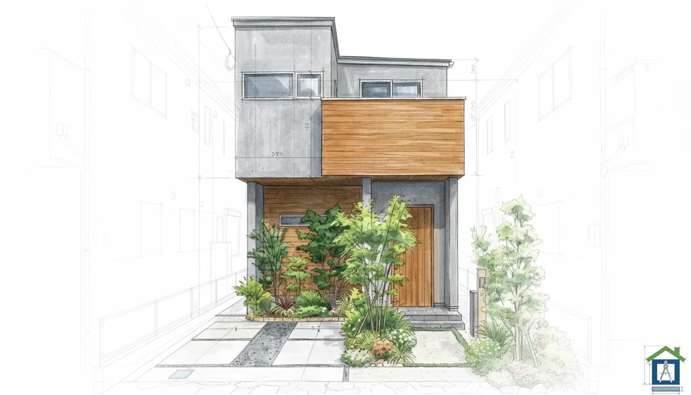 間口が狭い土地に建つモダンでスタイリッシュな2階建ての外観パース