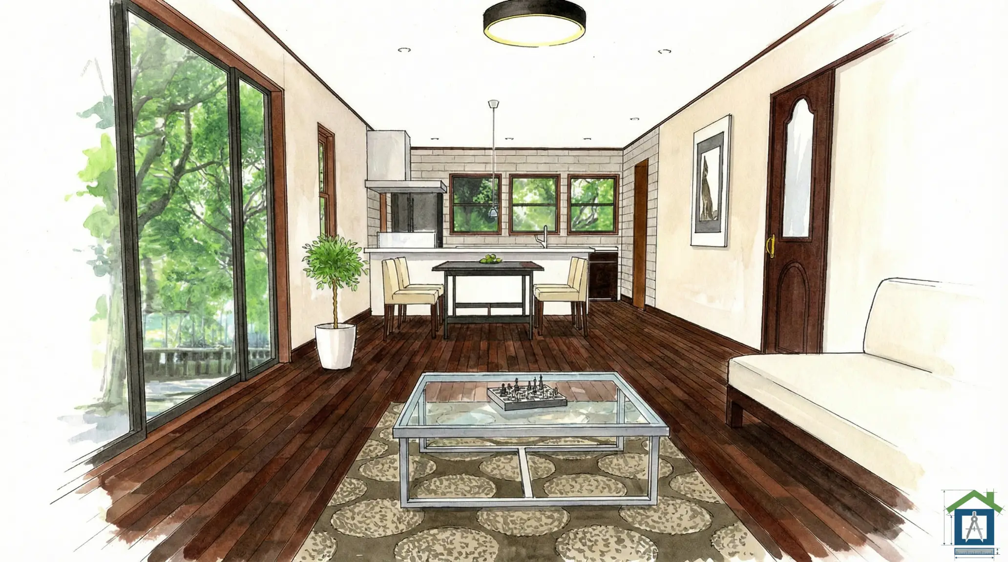 背面窓のある明るいキッチンの内観パース