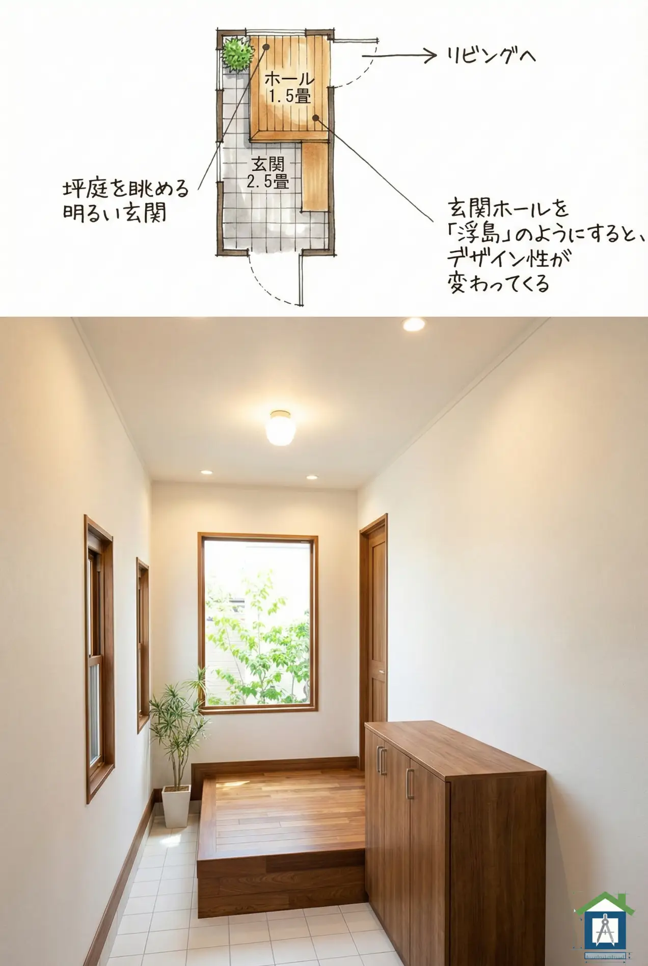 浮島ホールと坪庭の間取りと内観パース