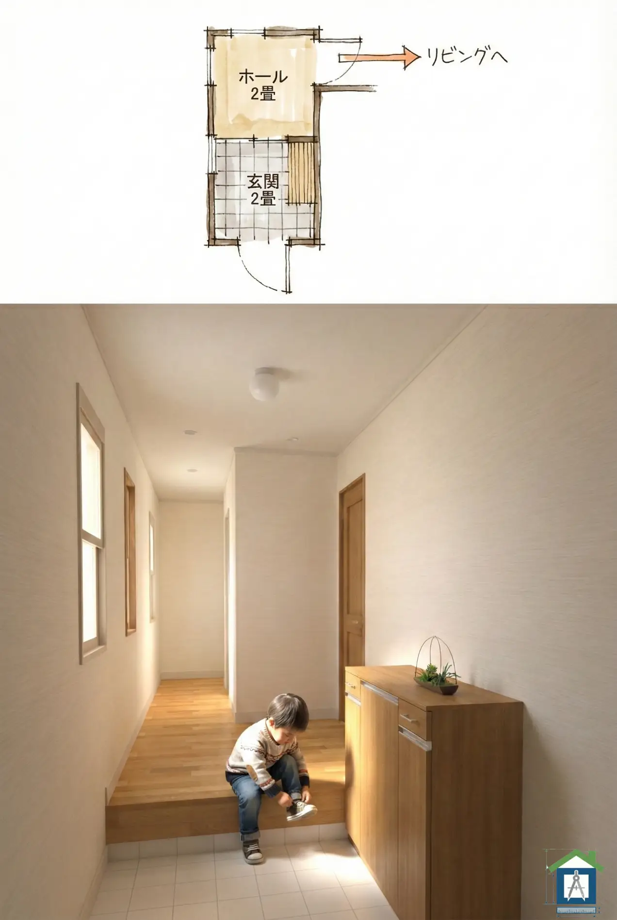 玄関2畳＋ホール2畳の間取りと内観パース