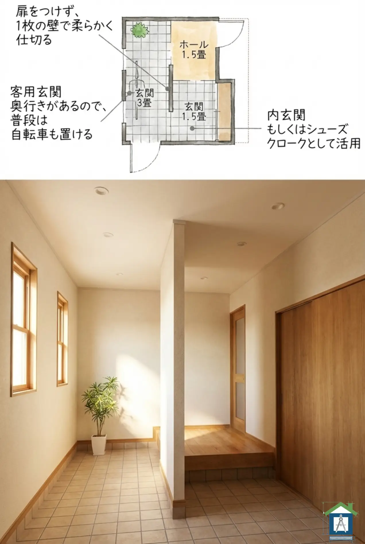 2WAY玄関の間取りと内観パース