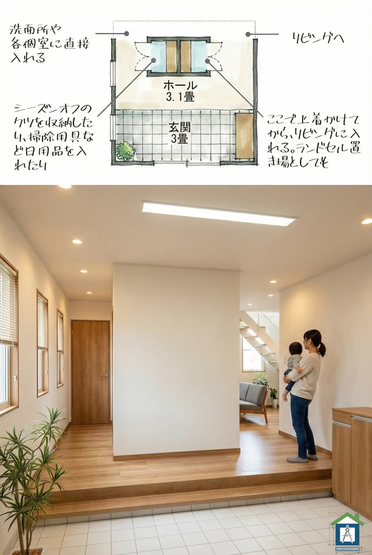 中心収納の間取りと内観パース