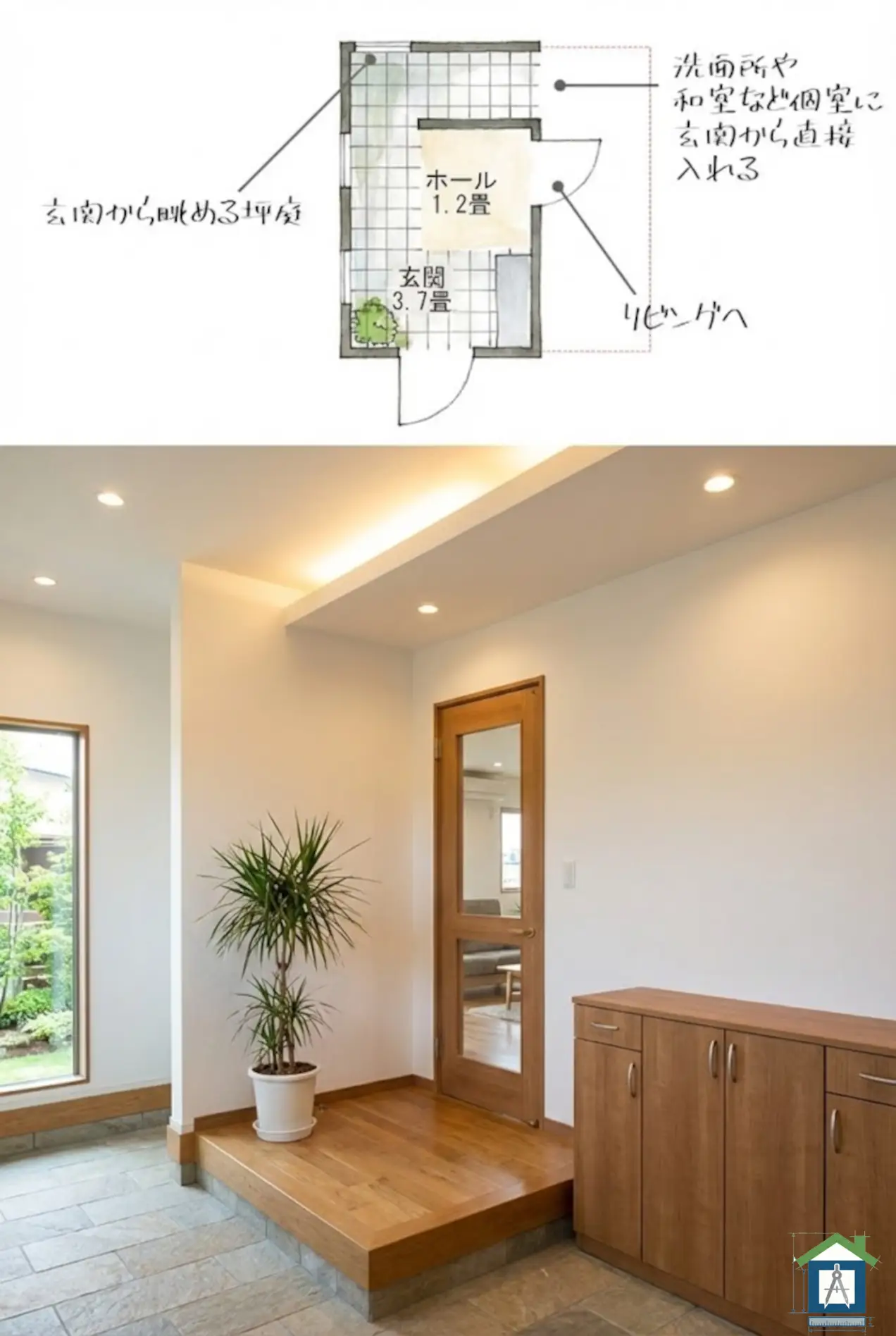 奥行き玄関の間取りと内観パース
