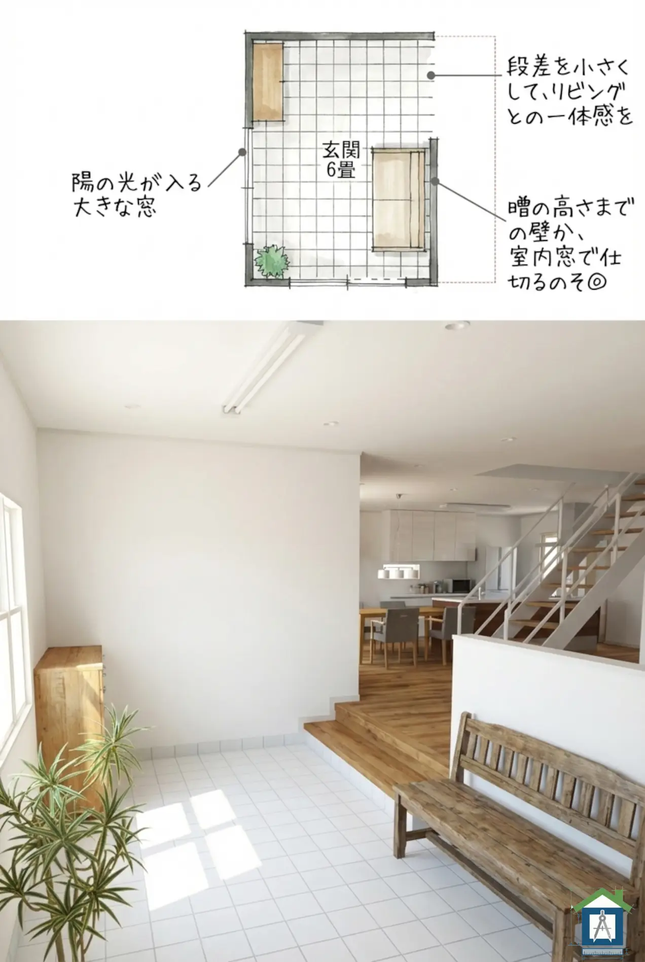 リビング土間の間取りと内観パース