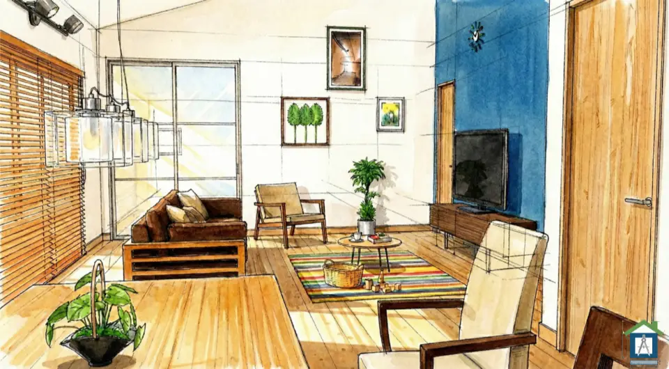 勾配天井で開放的なリビング