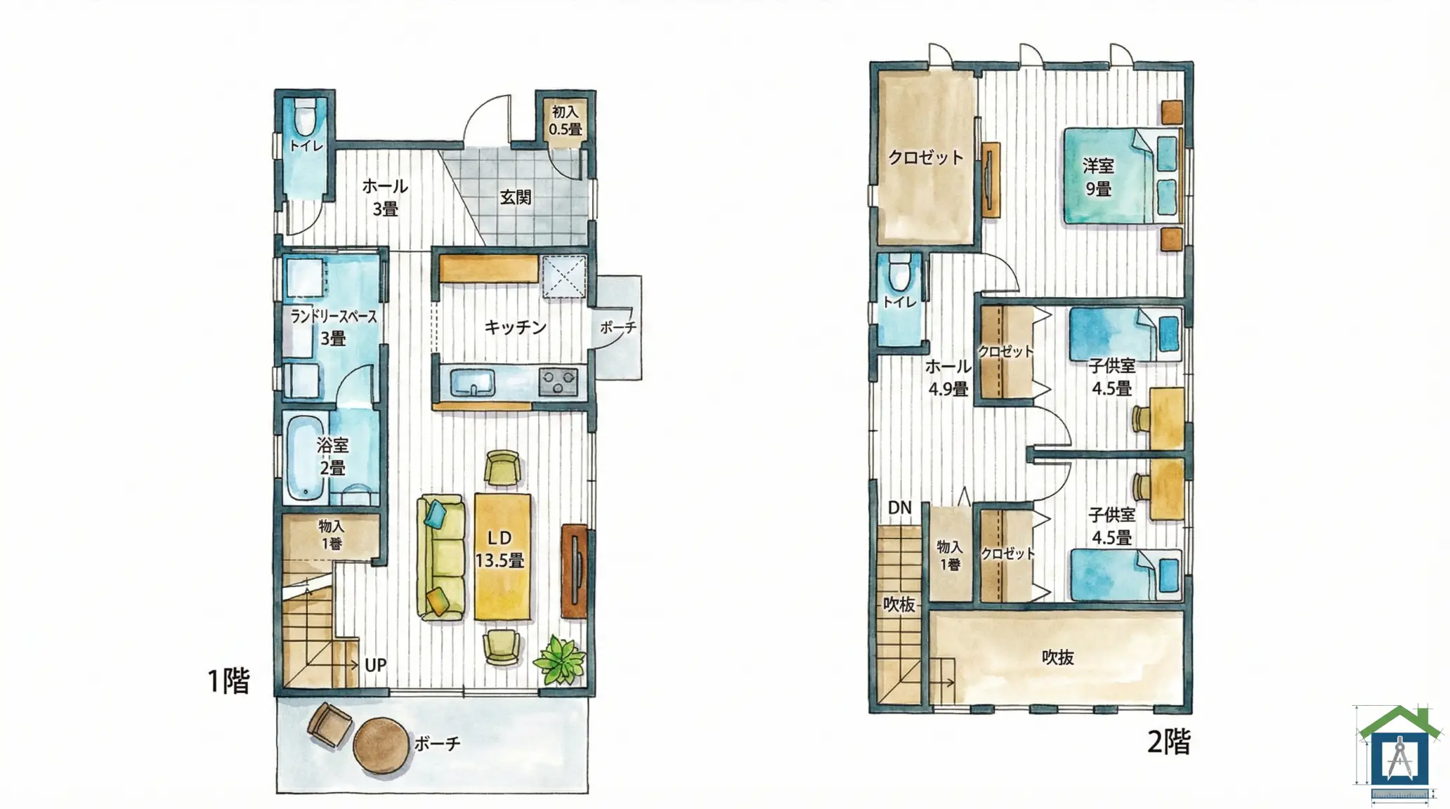 32坪4LDKの間取り図（1階・2階）