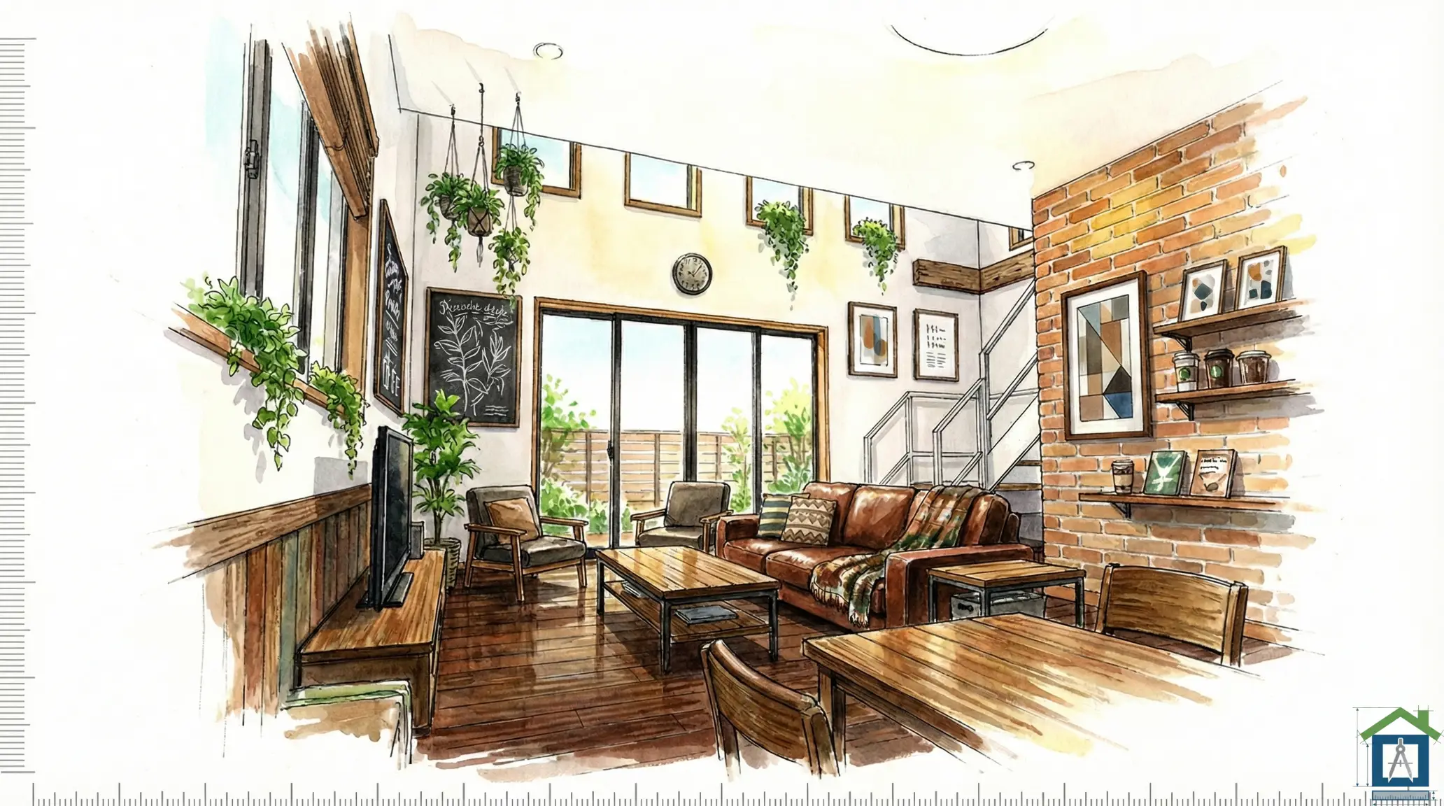 レンガ壁と吹き抜けのあるスタバ風LDKの内観パース