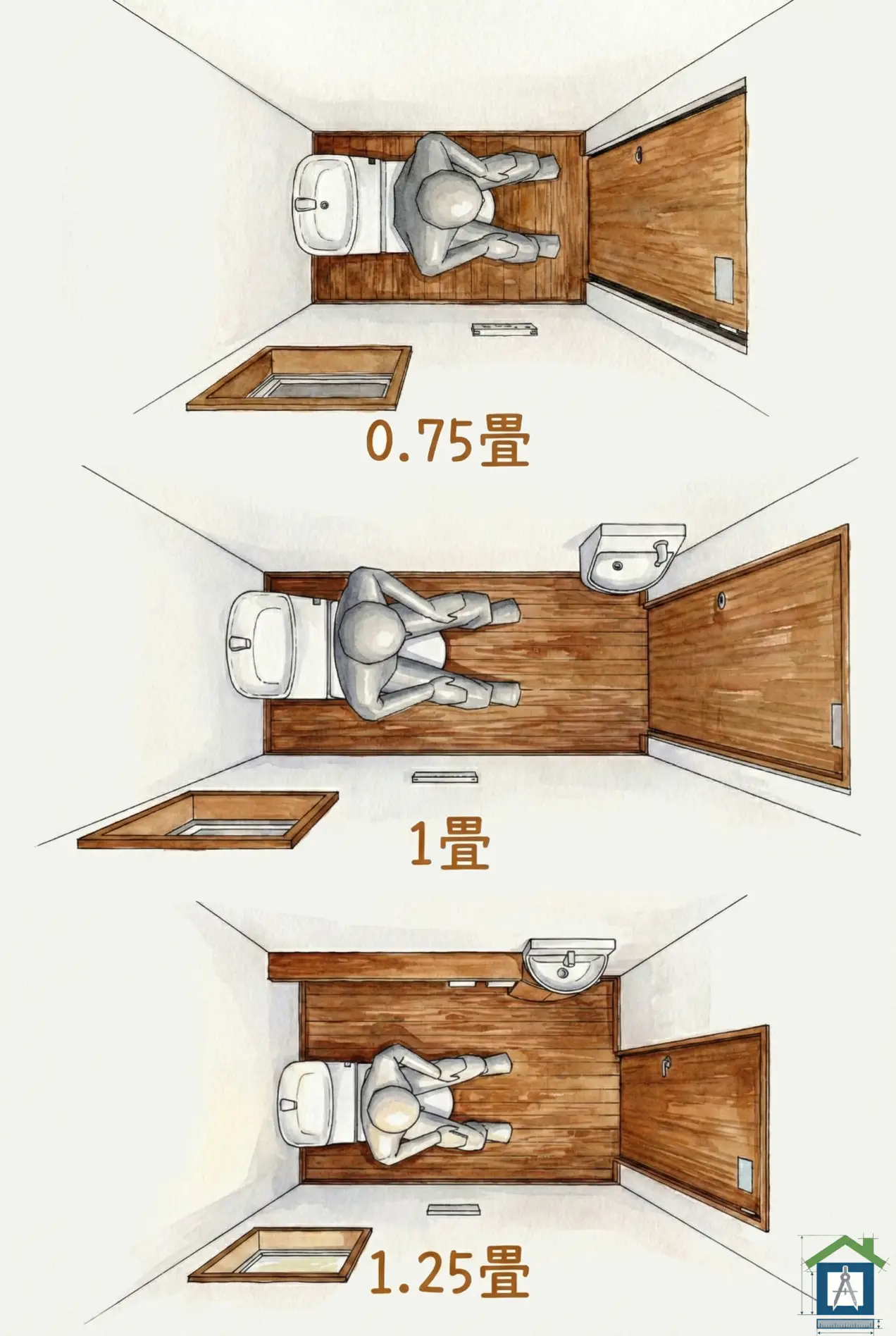 0.75畳・1畳・1.25畳のトイレ比較イラスト