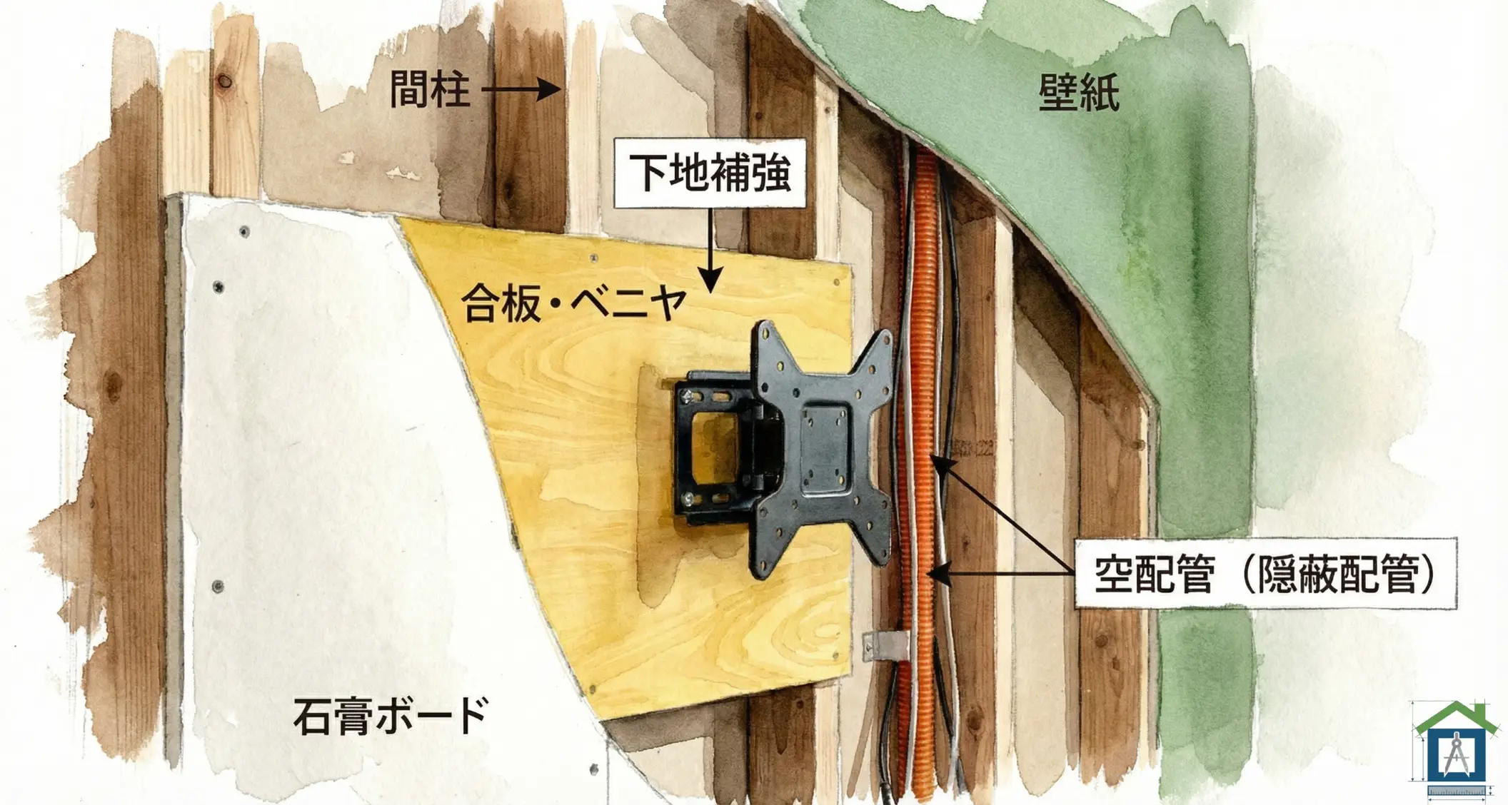壁の内部構造図解。石膏ボードを切り抜いて合板下地を入れ、空配管（隠蔽配管）を通している様子