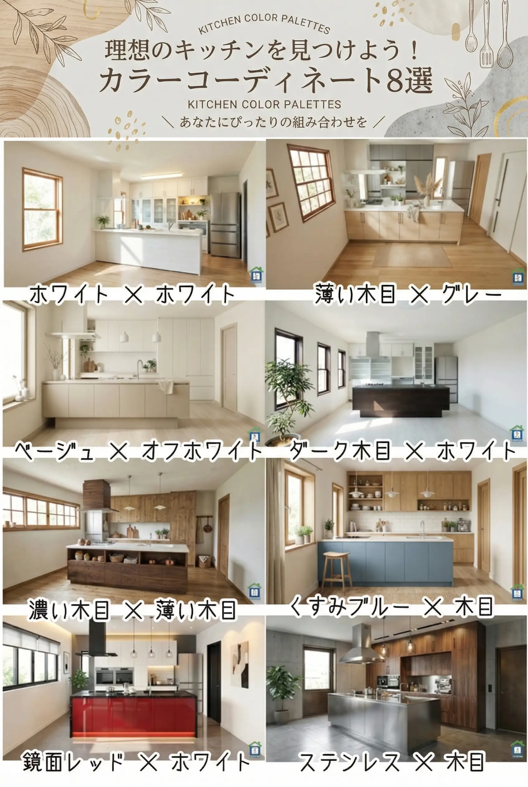 キッチンとカップボードの色違いパターン8選比較まとめ。ホワイト、木目、グレー、レッドなどのカラーコーディネート一覧