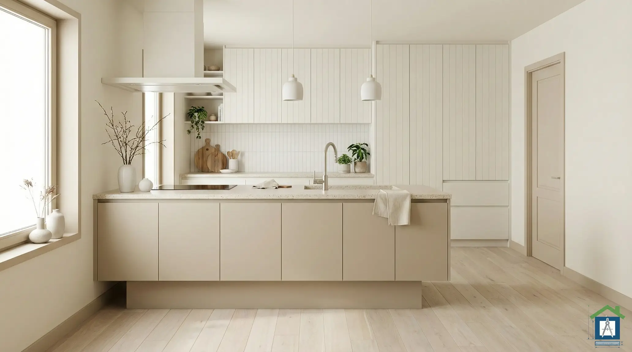 ベージュのキッチンとオフホワイトの収納でまとめた韓国風インテリアのパース。ベージュ×オフホワイトの配色