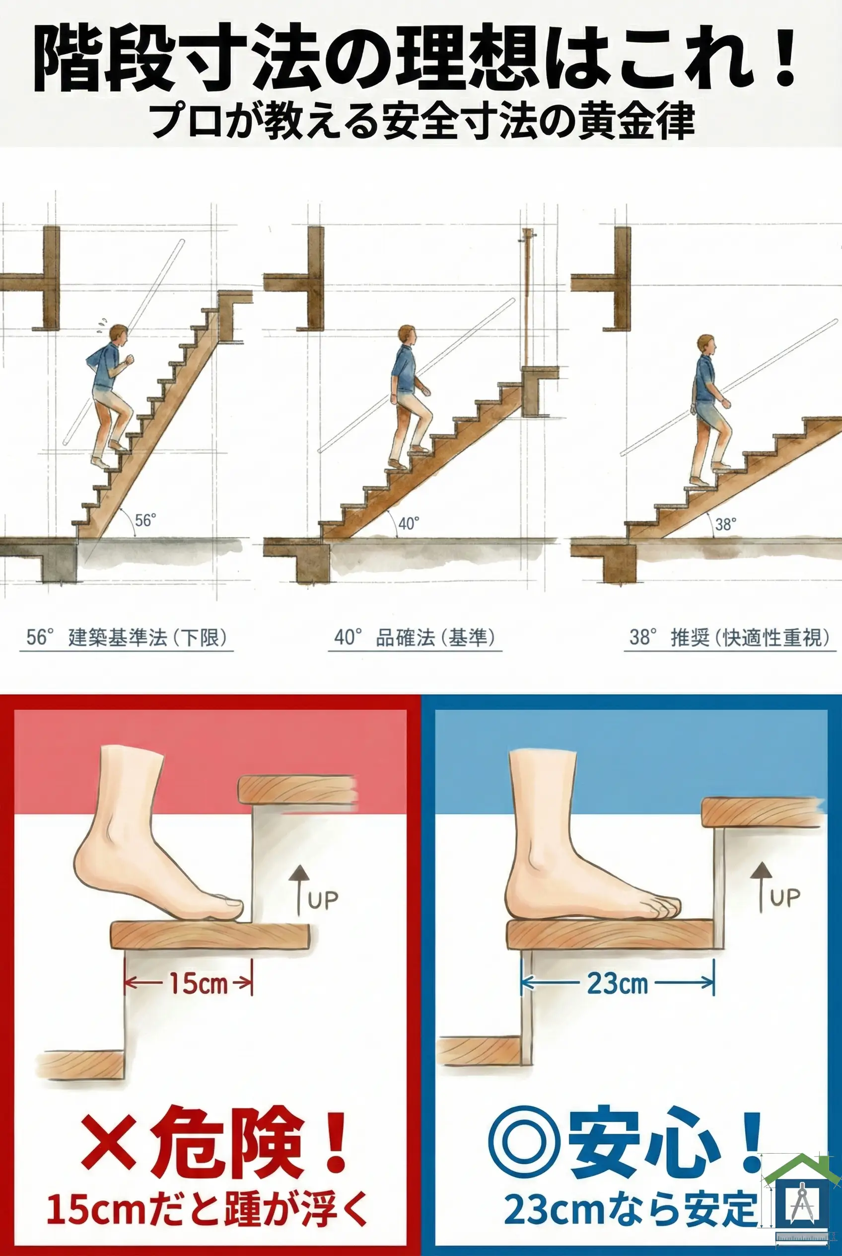 階段寸法の理想はこれ!プロが教える安全寸法の黄金律。建築基準法と推奨サイズの違い