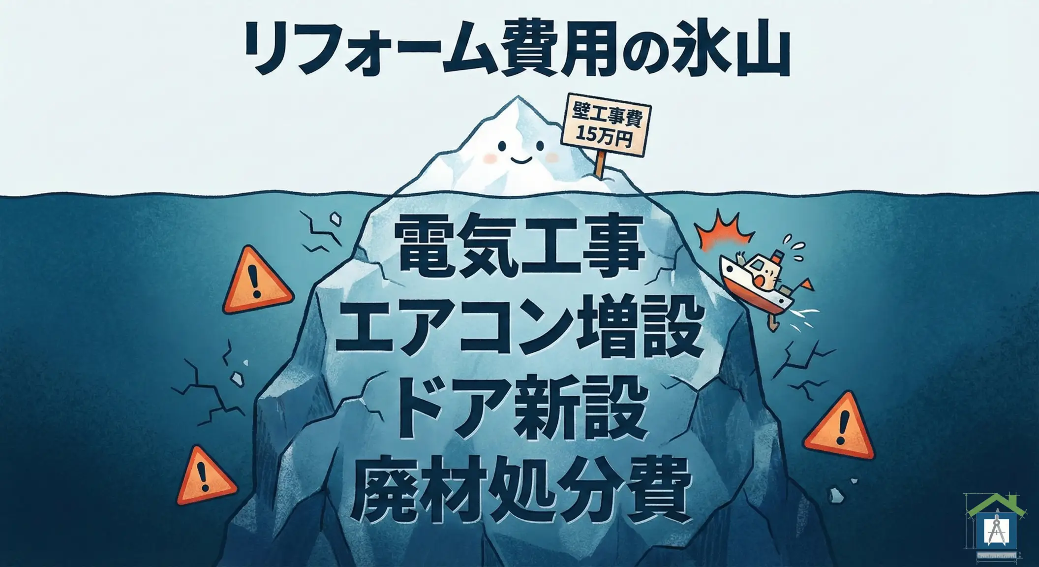 リフォーム費用の氷山図解。壁工事費15万円の下に電気工事、エアコン増設、ドア新設、廃材処分費などの見えないコストが隠れているイラスト