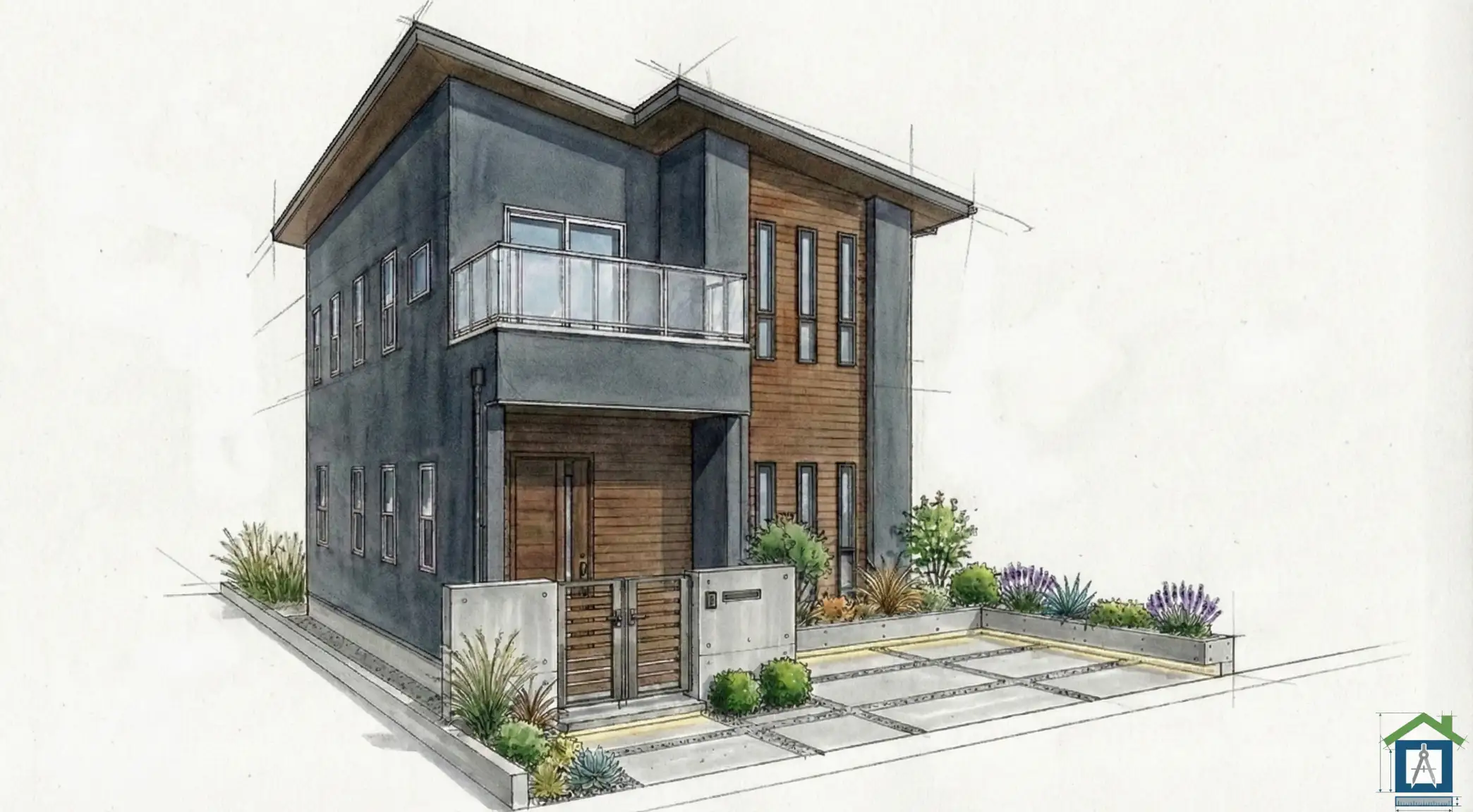 グレーの塗り壁調と木目を組み合わせたモダンな外観パース。バルコニーを庇として活用した長方形の家