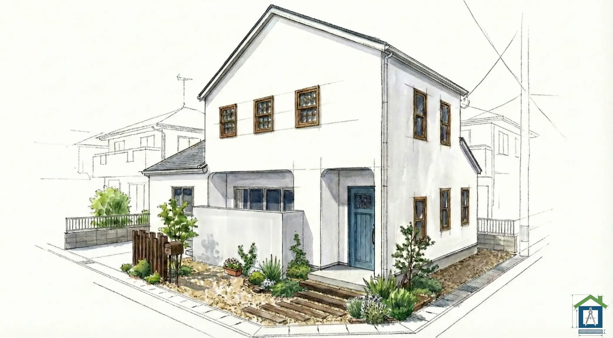 白い塗り壁の目隠し塀を設置した外観パース