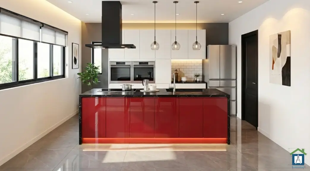 鮮やかな鏡面レッドのアイランドキッチンが主役のモダンなLDKパース。鏡面レッド×ホワイトの配色