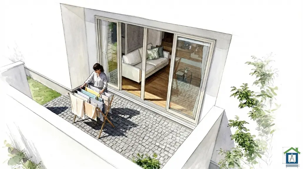 高い塀に囲まれた1階テラスで洗濯物を干す様子のパース