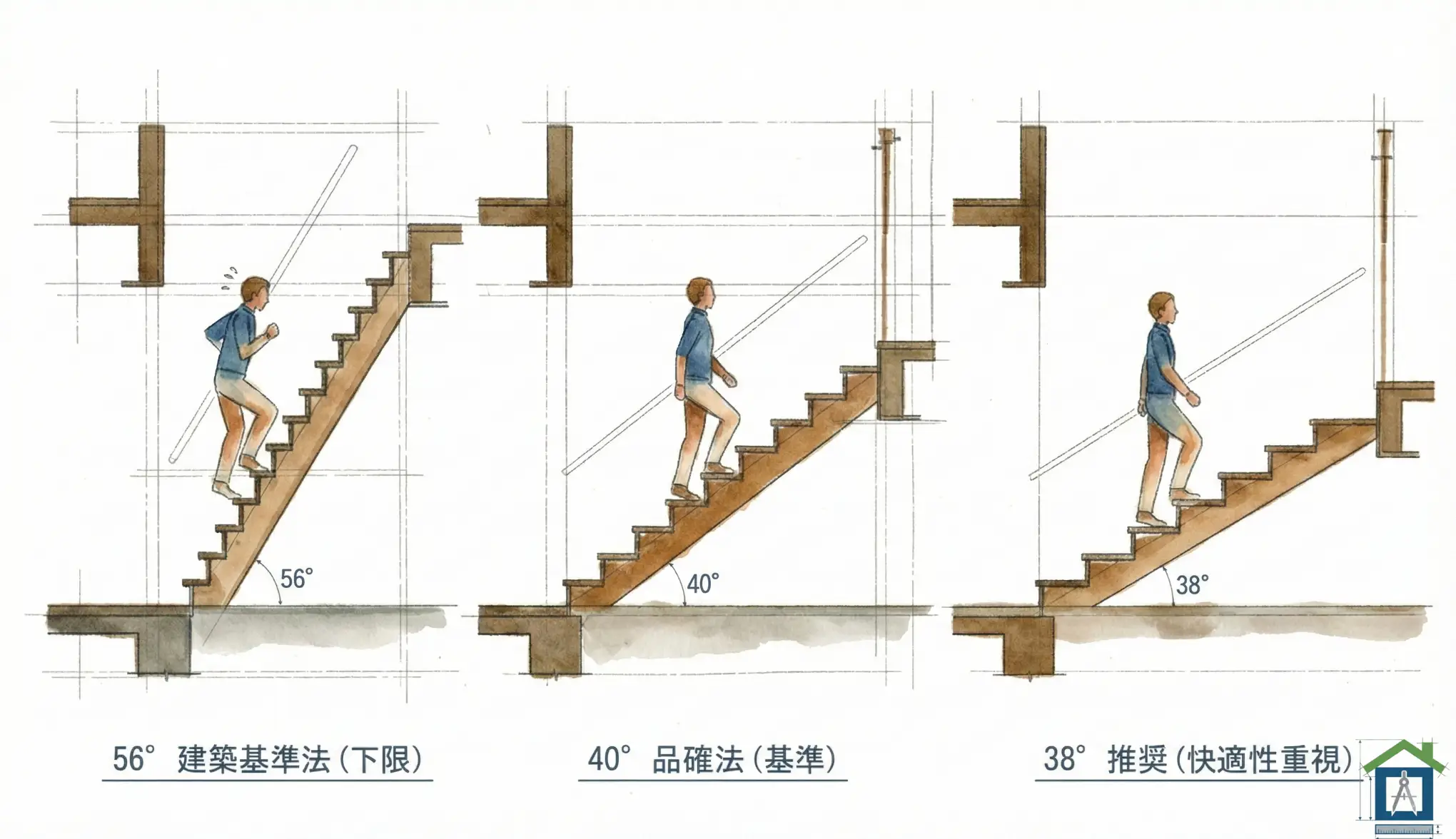 階段の勾配比較イラスト。56度(急)、40度(標準)、38度(緩やか)の違い