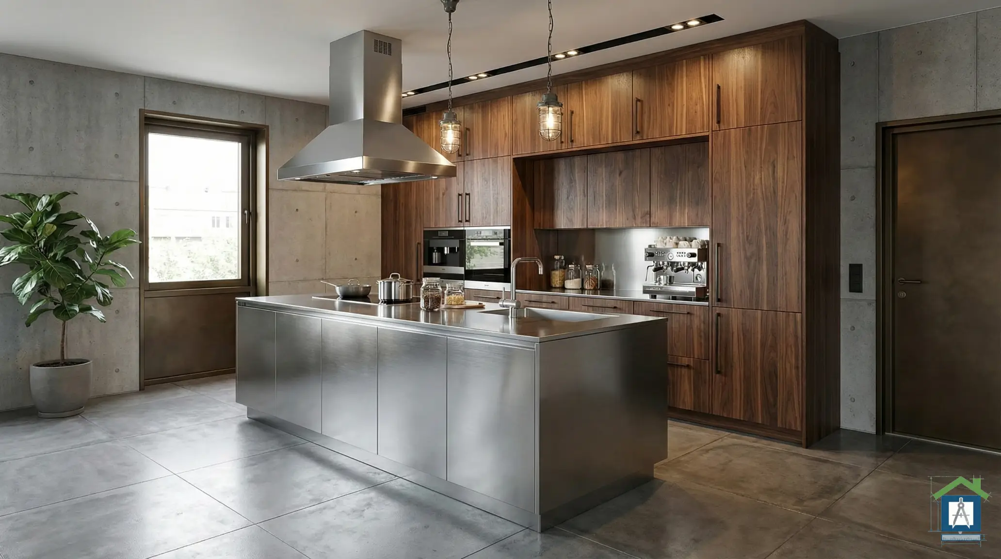 ステンレスキッチンと木目の収納を組み合わせたインダストリアルなパース。ステンレス×木目の配色