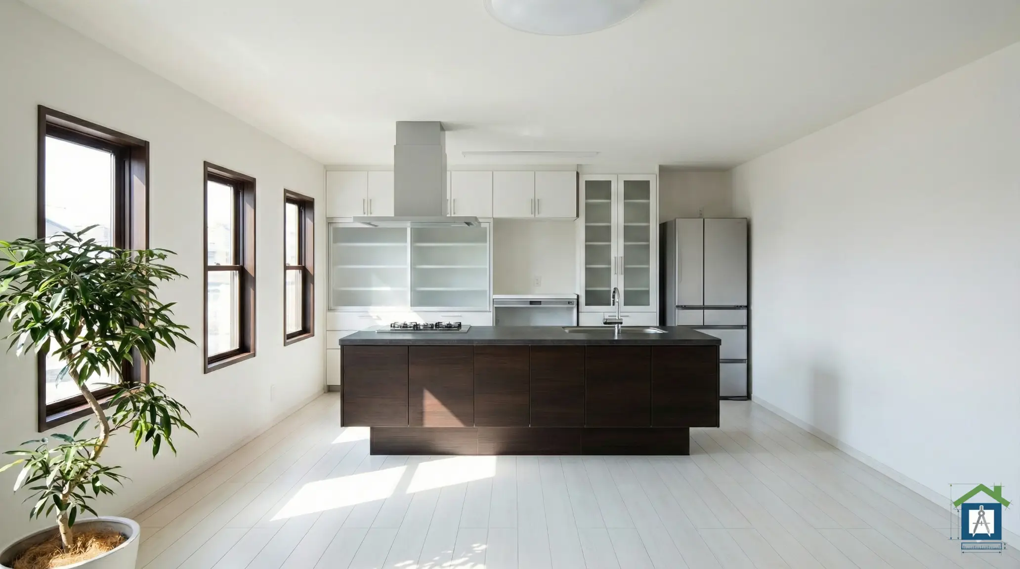 手前のアイランドキッチンを濃い木目、背面収納を白にしてメリハリを出した内観パース。ダーク木目×ホワイトの配色