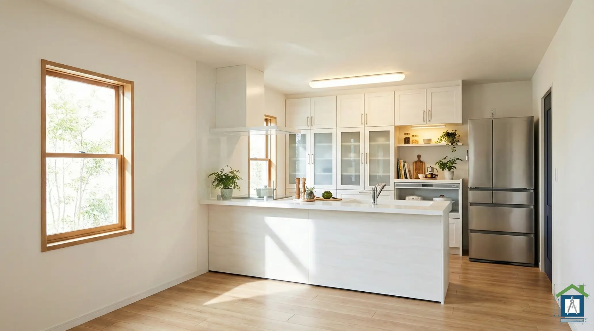 キッチンもカップボードも白で統一したシンプルモダンな内観パース。ホワイト×ホワイトの配色