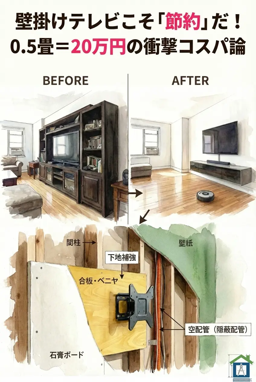 壁掛けテレビの配線隠しテクニックと下地補強のポイントまとめ。0.5畳で20万円節約になるコスパ論