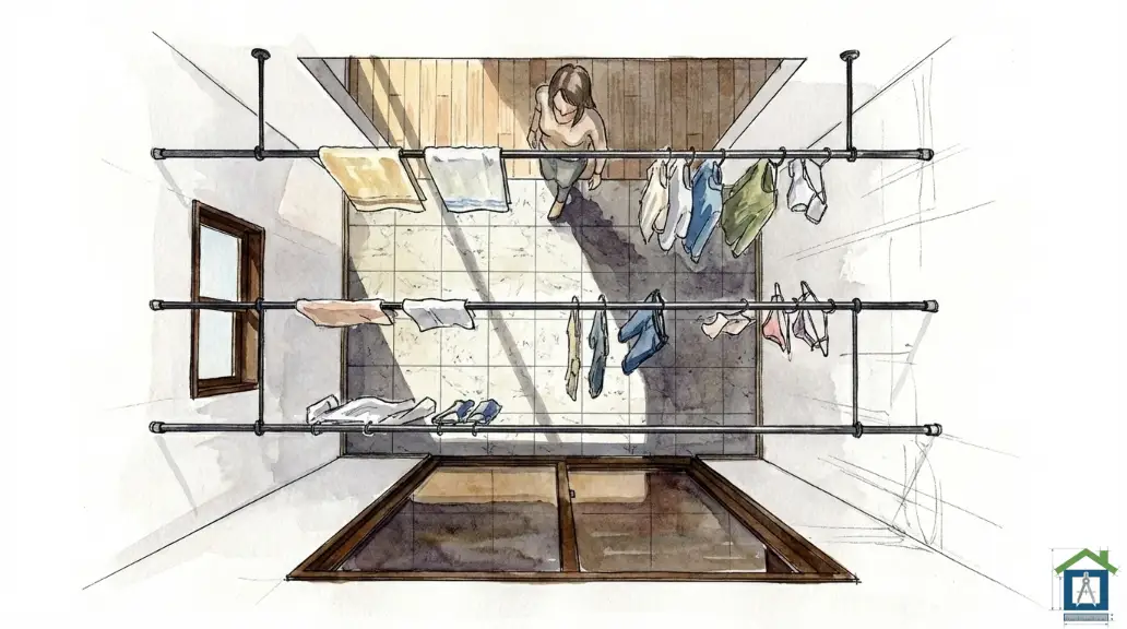 2階ホールを活用した明るい室内干しスペース（ランドリールーム）の内観パース