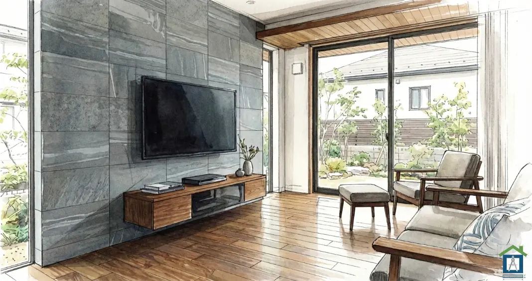 配線が全く見えないスッキリとした壁掛けテレビのあるおしゃれなリビングの手書き風パース