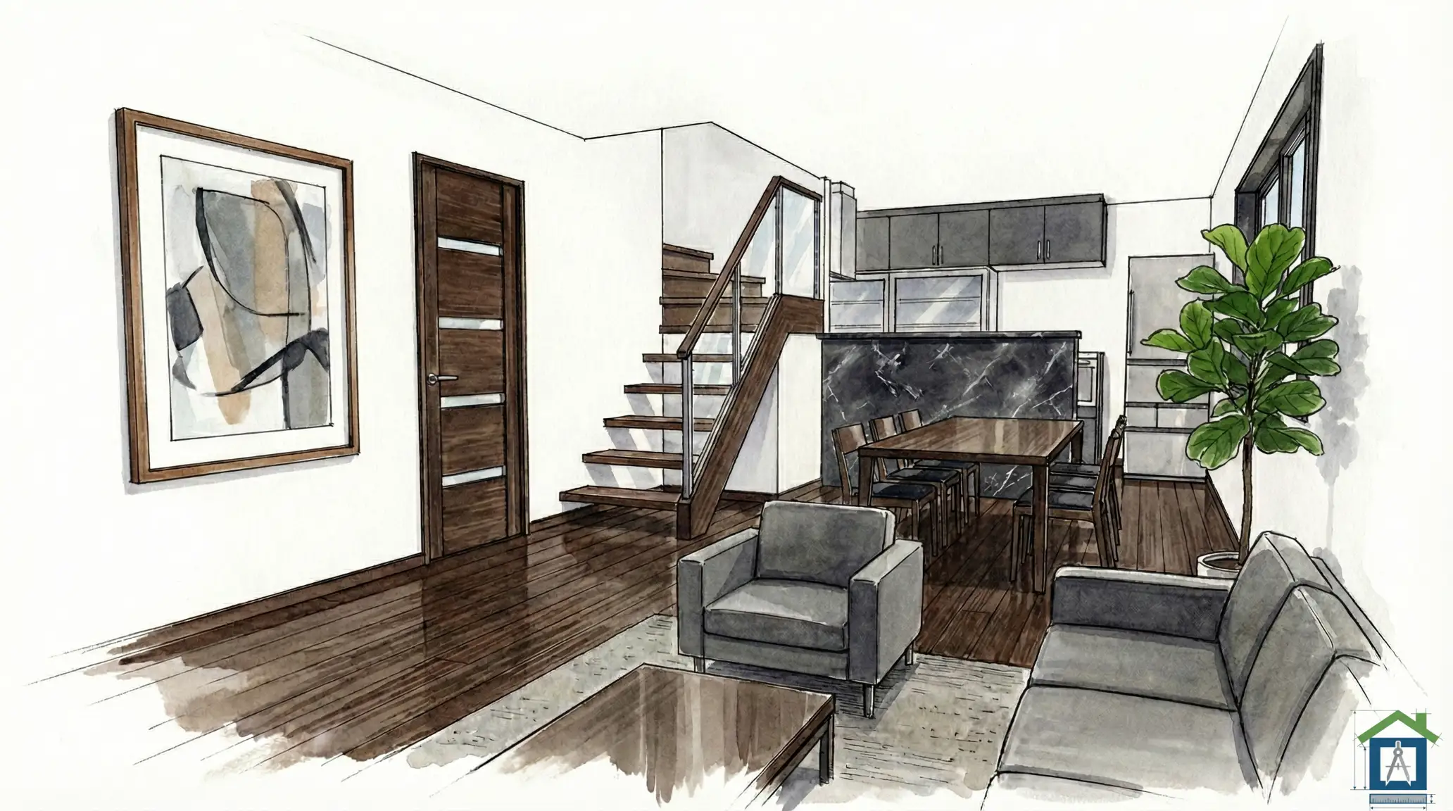 奥行きを感じさせる17畳のLDK内観パース。キッチンからリビングまで視線が抜ける配置