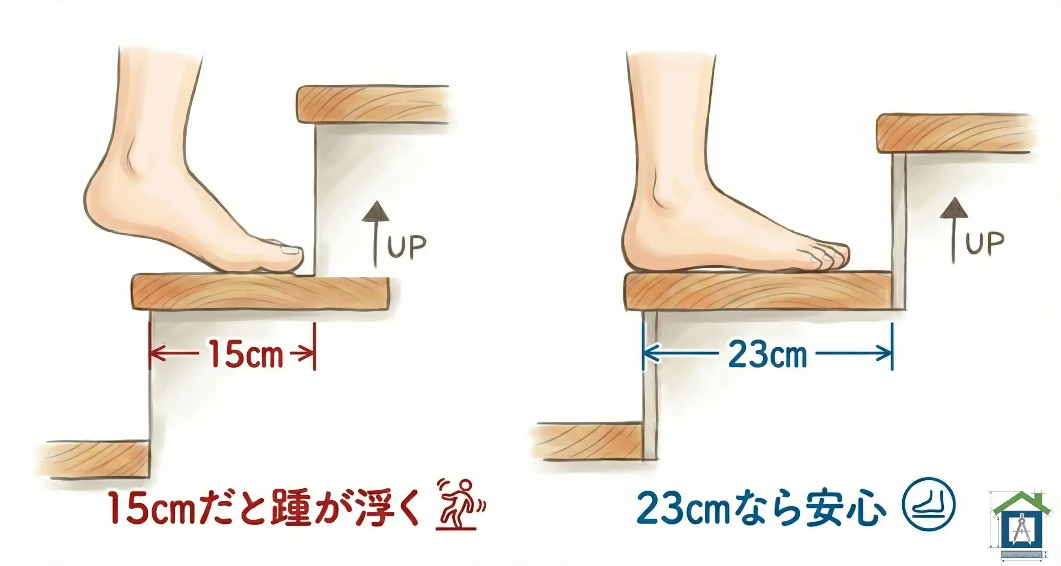 階段の踏面寸法の比較。15cmだと足がはみ出し、23cmだと安定する図