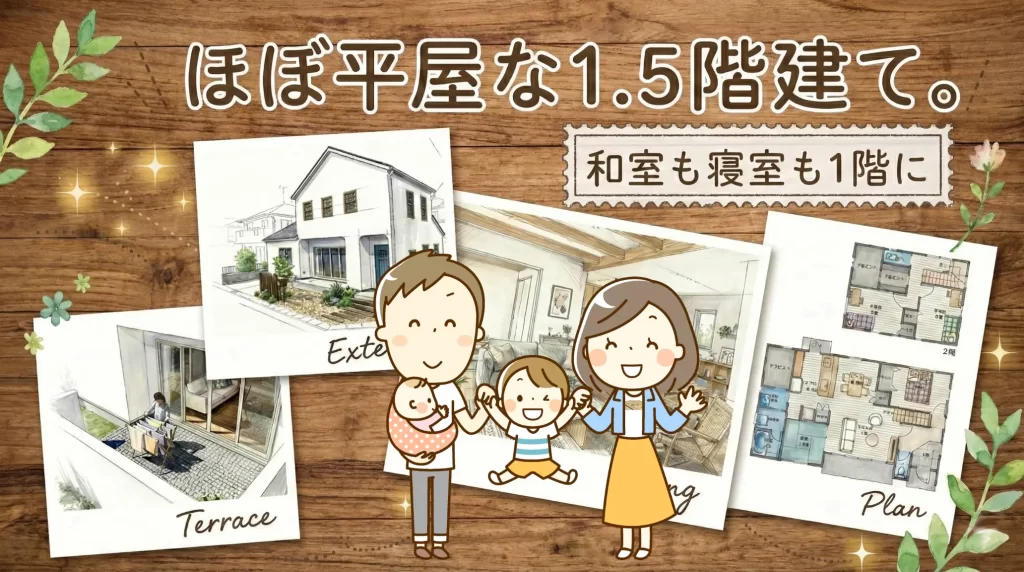 ほぼ平屋！1階に和室と寝室がある間取り｜北欧風1.5階建て