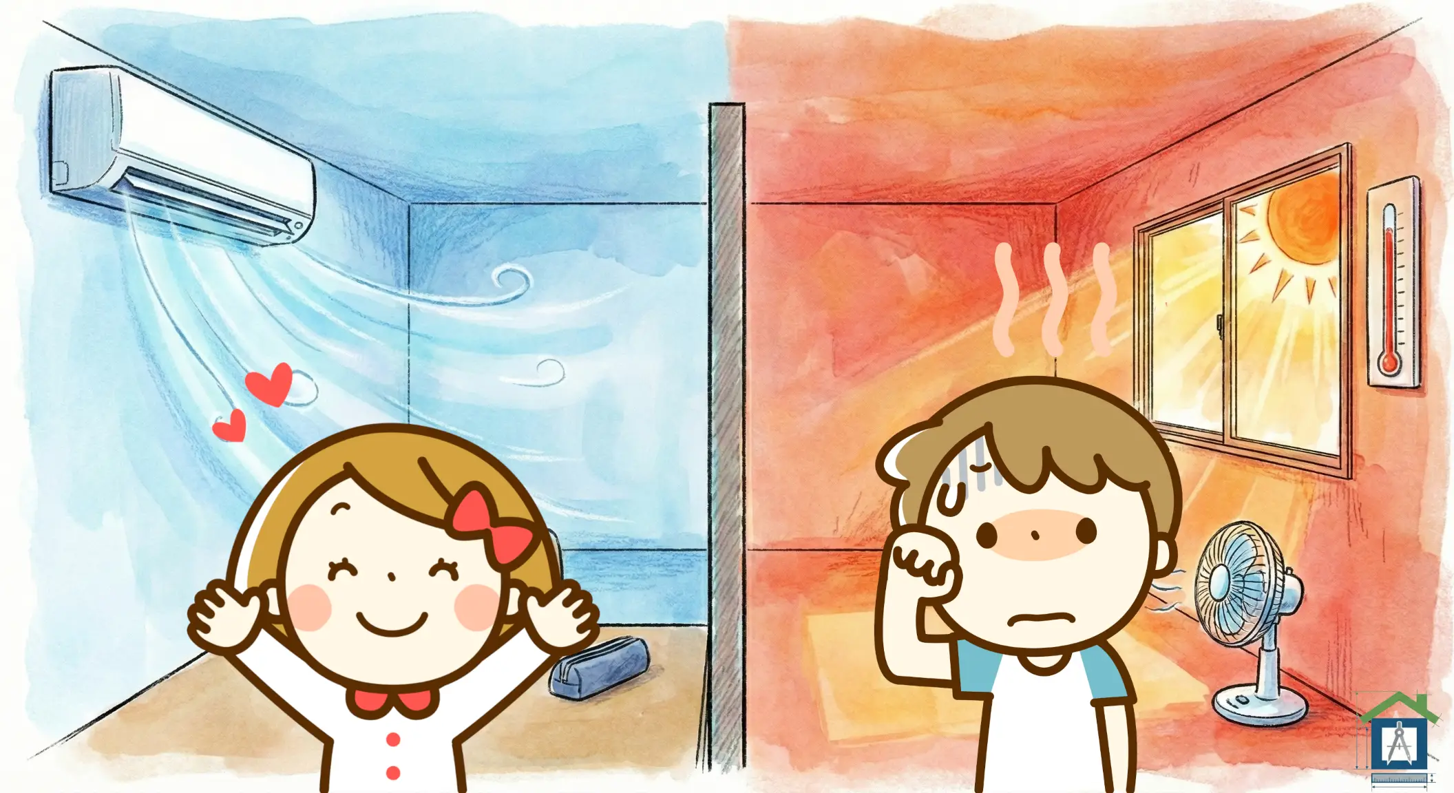 エアコンのある涼しい部屋と、エアコンがなく暑くて扇風機で耐えている部屋の比較イラスト