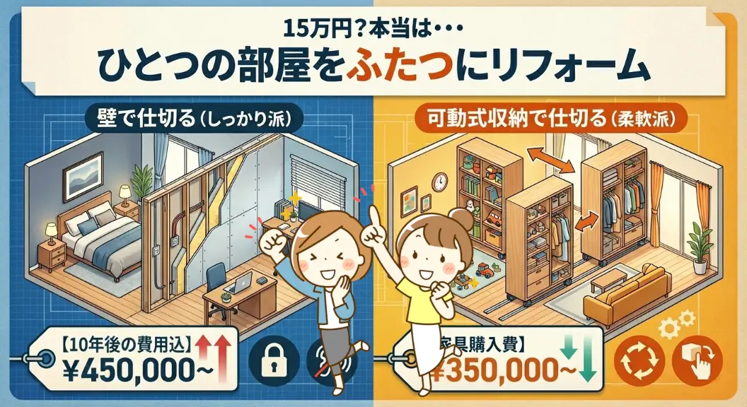 部屋を二つに分けるリフォームの費用イメージ。壁を作る場合と可動式収納で仕切る場合の比較イラスト