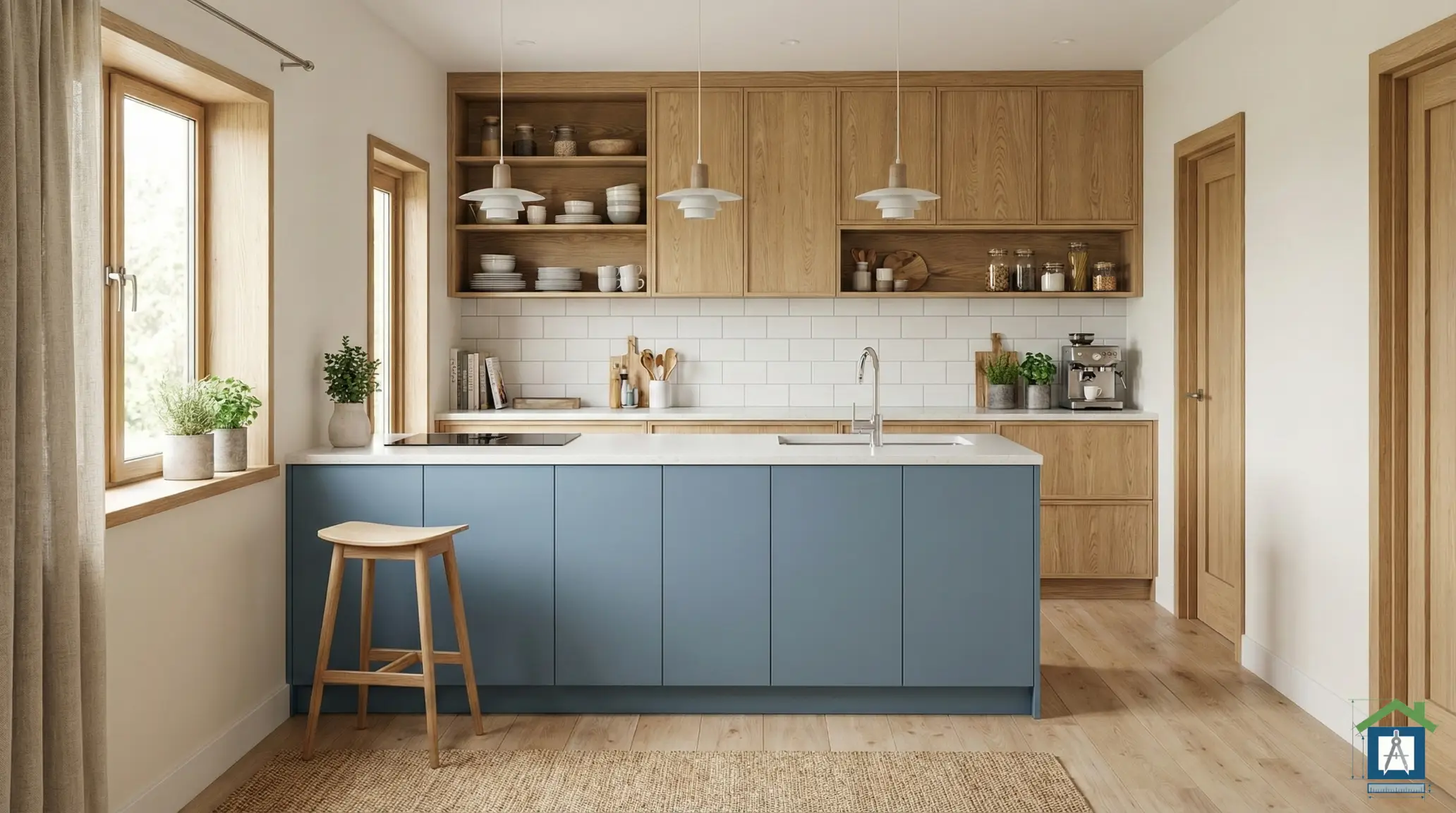 くすみブルーのキッチンと木目のカップボードを合わせた北欧ナチュラルなパース。くすみブルー×木目の配色