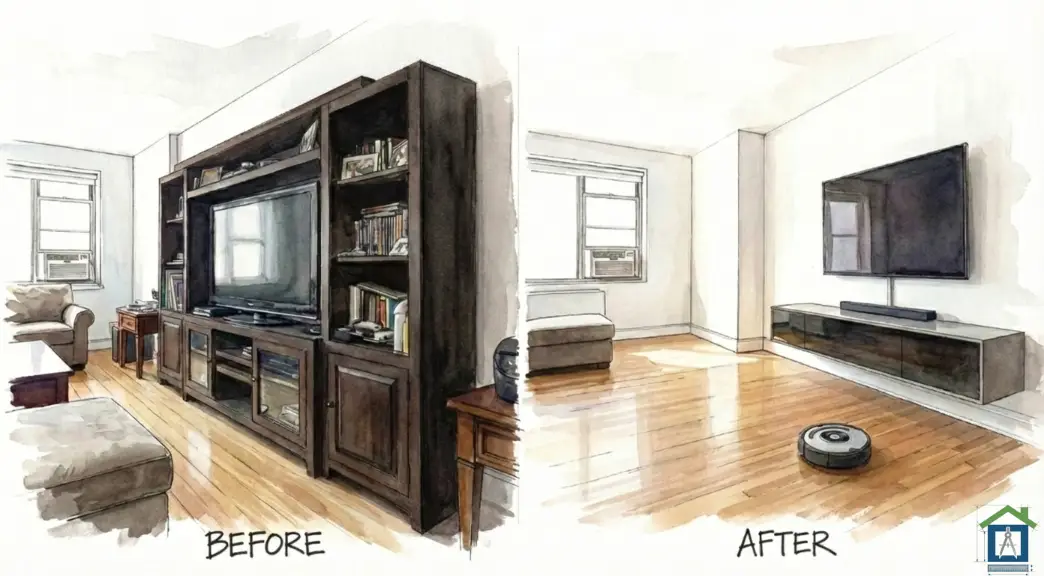 テレビボードで狭くなった部屋（BEFORE）と、壁掛けで床が広くなり掃除ロボットが通る部屋（AFTER）の比較イラスト